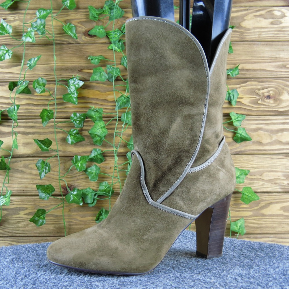 Rosegold Green Suede Leather Heeled Boots Rounded Toe Western Size‎ 40